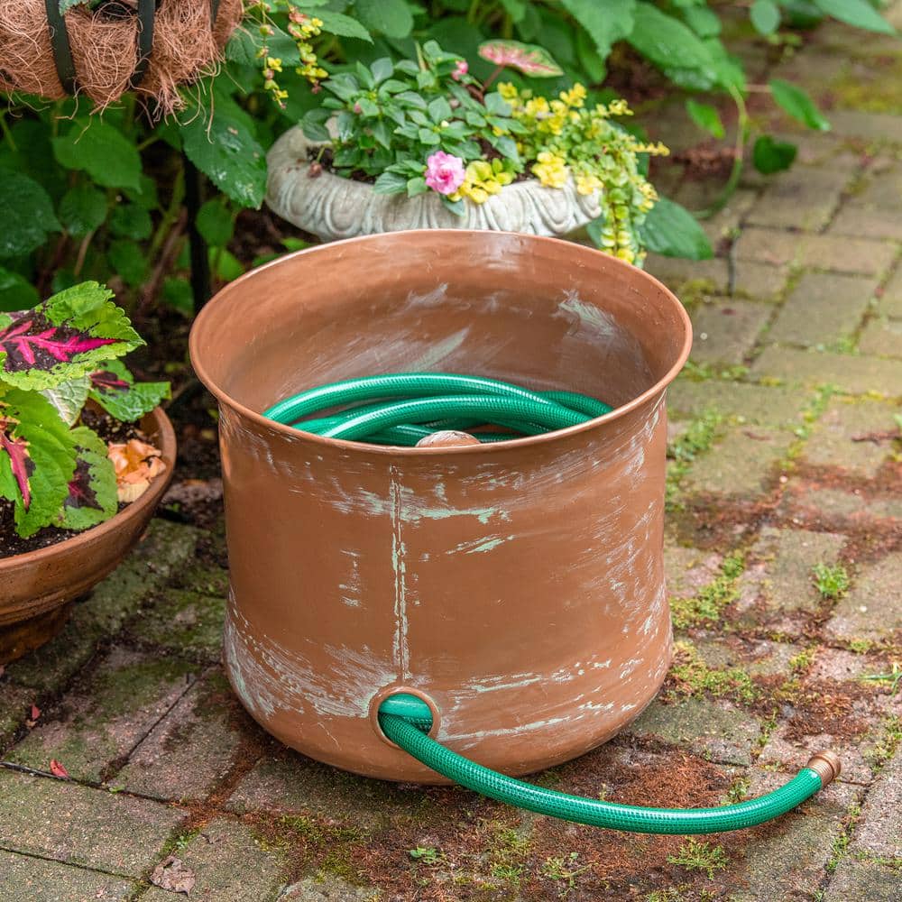 Copper Finish Cylinder Garden Hose Holder with Patina
