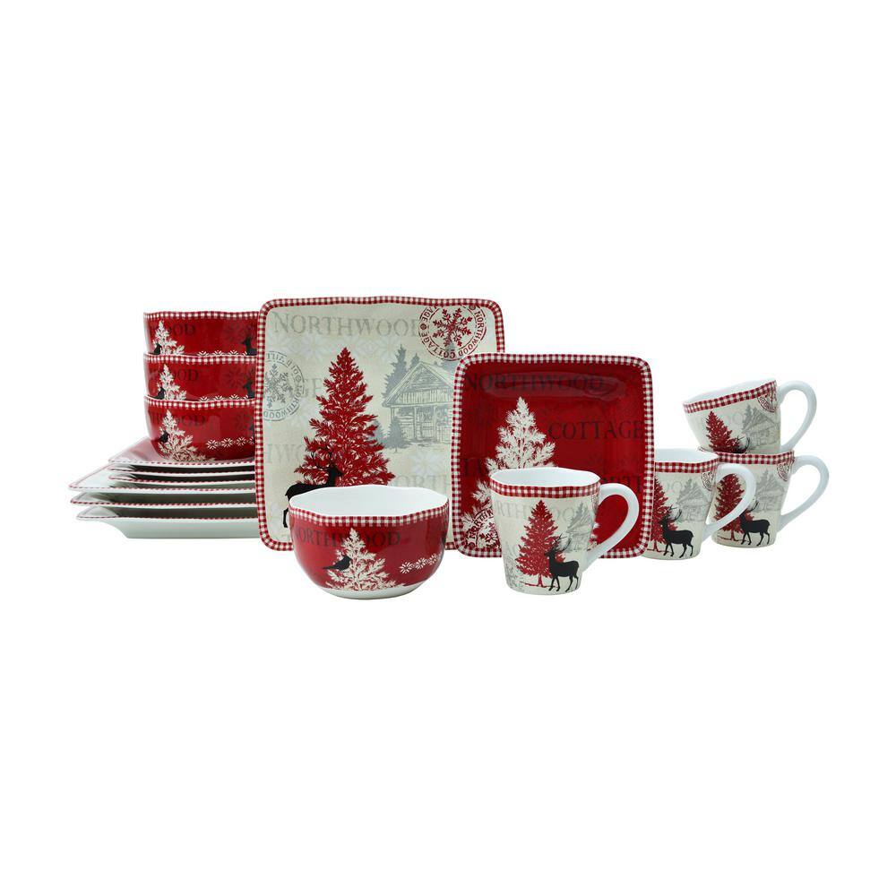 Details about   222 Fifth NORTHWOOD COTTAGE 8.25" Square Salad Plate Set 4Pc Mint Red Christmas 