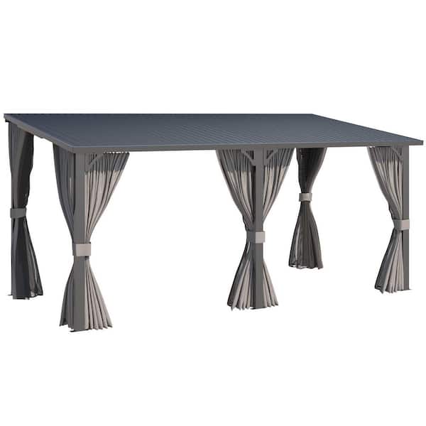 16 ft. x 8 ft. Metal Outdoor Lean to Wall-Mounted Hardtop Gazebo Pergola with Curtains and Netting