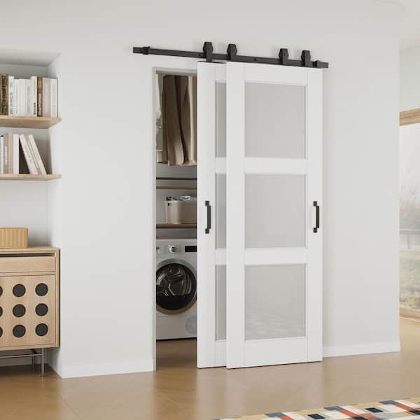 ARK DESIGN 48 in. x 80 in. (Double 28 in. ) 3-Lite Frosted Glass White Primed MDF Sliding Barn Door with Hardware Kit Bypass