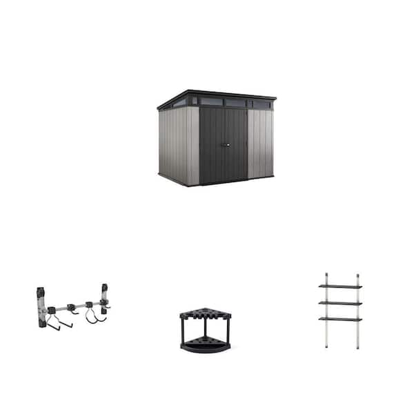 Artisan 9 ft. x 7 ft. Grey Resin Shed, Black Shed Hook, 22 in. Tool Rack and 12 in. Shelving Kit Combo