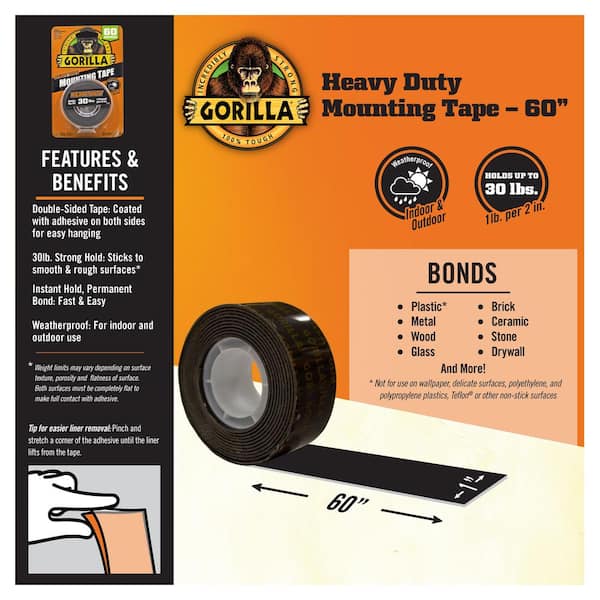Gorilla Heavy Duty MOUNTING TAPE Double-Sided Black Holds 30 lbs 1" x 60" L NEW! 