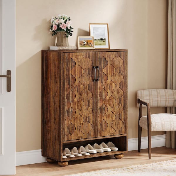 43 in. H x 31 in. W Brown Engineered Wood Shoe Storage Cabinet with Doors, Entryway Shoe Cabinet with Adjustable Shelves