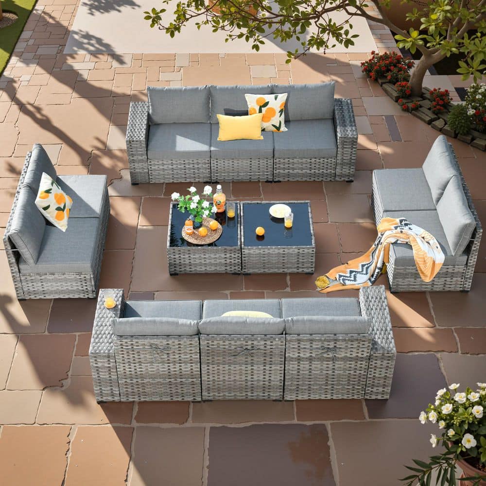 Baldwin Gray 12-Piece Wicker Wide Arm Outdoor Patio Conversation Sofa Sectional Seating Set with Dark Gray Cushions