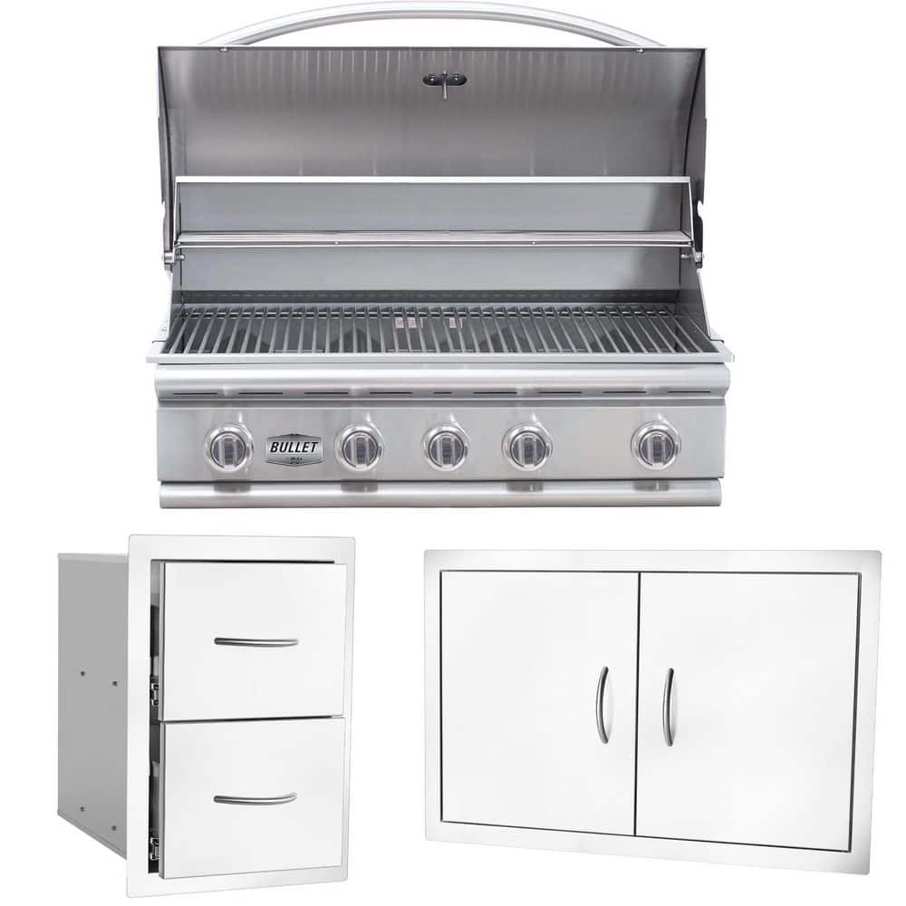 Bullet Series 5-Burner Built-In Natural Gas Grill 38 in Stainless Steel with Double Access Door and Double Drawer