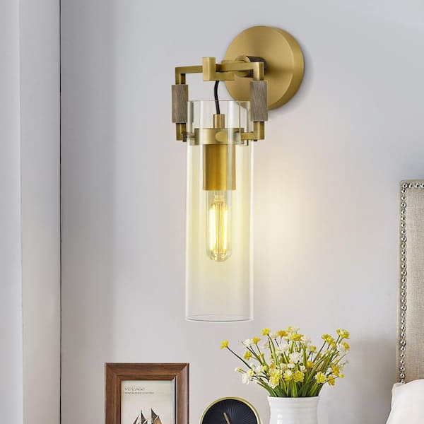 5.9 in. 1-Light Dimmable Brass Glass Wall Sconce, Knurled Vanity Light for Bathroom, Living Room, Bedroom, Dining Room