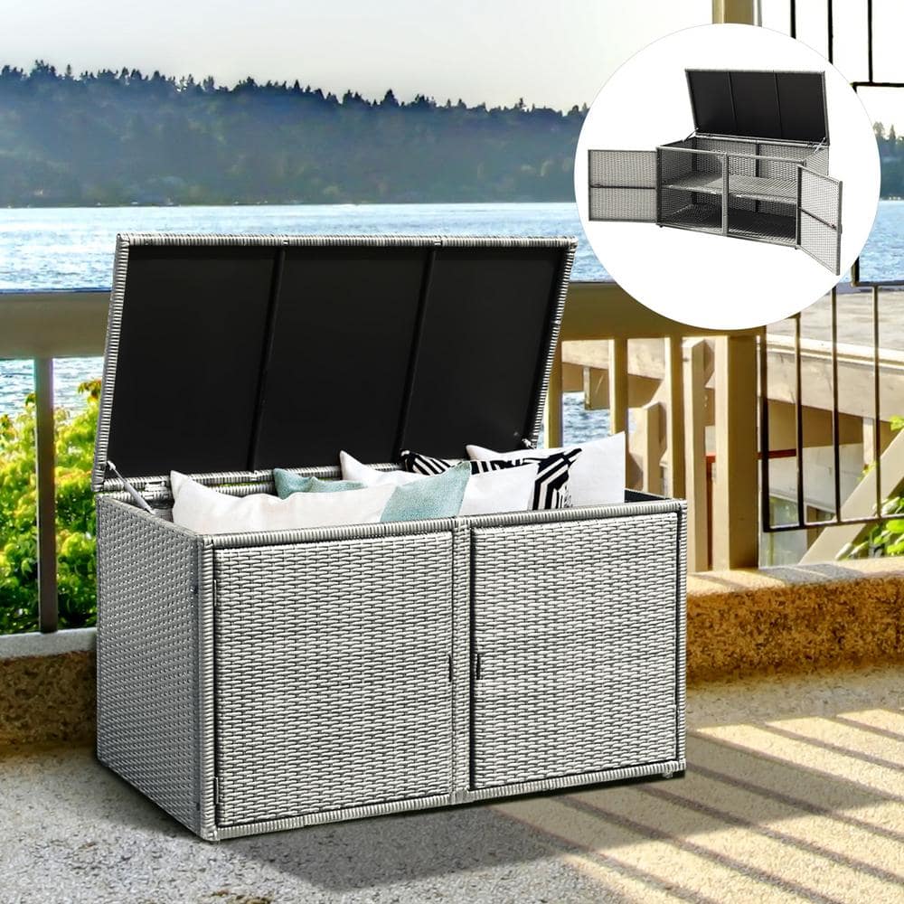 Gray Wicker and Steel Weather-Resistant Outdoor Storage Box