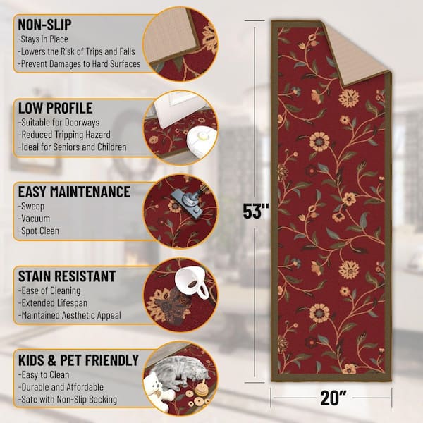 Basics Collection Non-Slip Rubberback Floral Leaves 2 x 5 Indoor Runner Rug, 1 ft. 8 in. x 4 ft. 5 in., Red