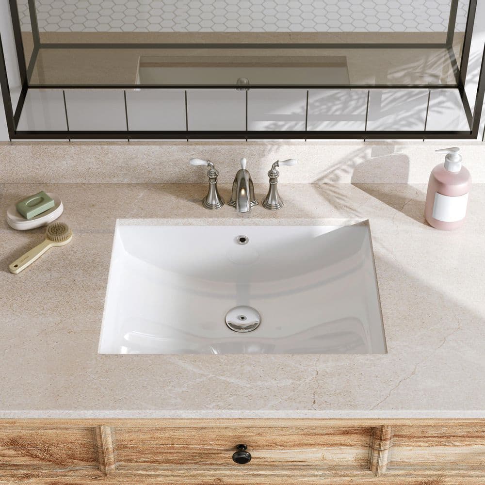 White Rectangular Ceramic Undermount Bathroom Sink with Overflow Hole