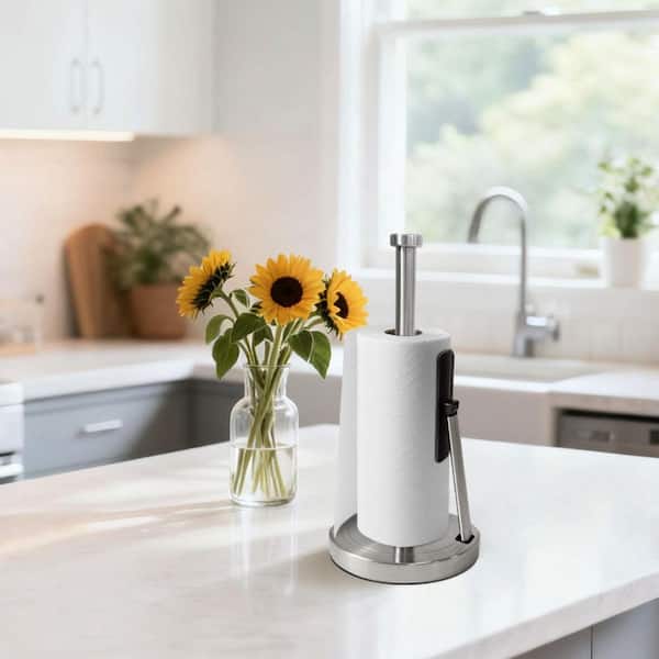 Freestanding Silver Countertop Kitchen Paper Towel Holder with Tension Arm