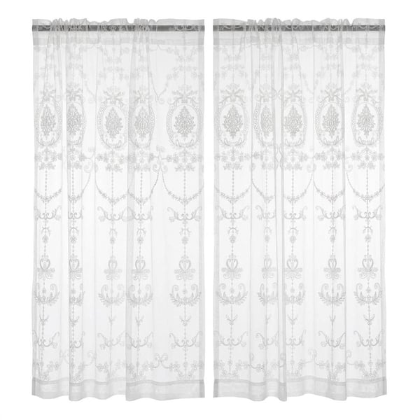 White Polyester 54 in. W x 84 in. L Floral Printed Light Filtering Curtain (Set of 2 Panels)