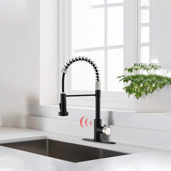 Commercial Touchless Single Handle Spring Pull Down Sprayer Kitchen Faucet with Deck Plate in Matte Black&Brushed Nickel