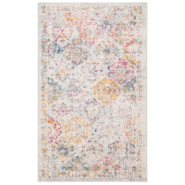 SAFAVIEH Madison Grey/Gold Doormat 2 ft. x 4 ft. Border Floral Medallion Geometric Area Rug