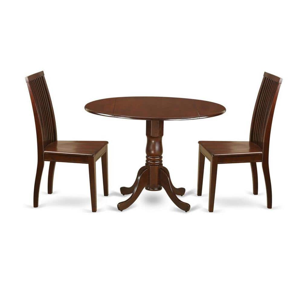 East West Furniture Set Tavolo Da Pranzo 3 Pezzi, In Legno Di Gomma, Finitura Mogano, Tavolo Rotondo Con 2 Sedie A Doghe