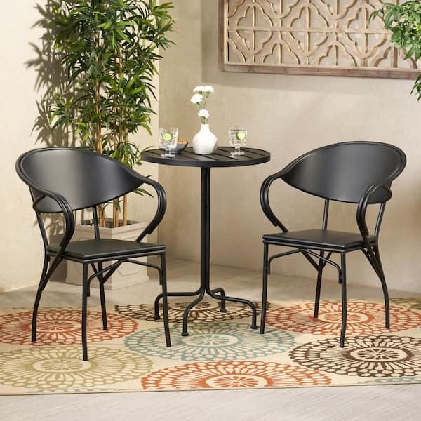 Noble House Palm Desert 30 in. Matte Black 3-Piece Metal Round Patio Outdoor Bistro Set