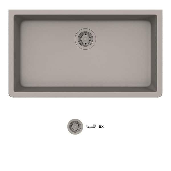 Glacier Bay Stonehaven 33 in. Undermount Single Bowl Taupe Ice Granite Composite Kitchen Sink with Taupe Strainer