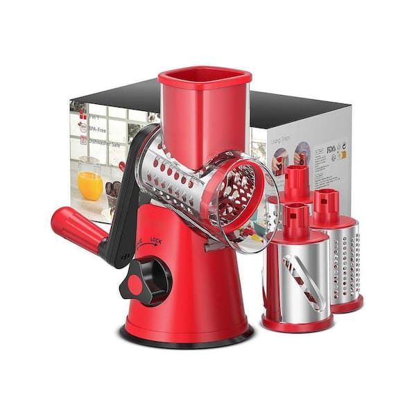 Rotary Cheese Grater White Mandoline Vegetable Slicer with 3 Interchangeable Stainless-Steel Blades and Suction Base