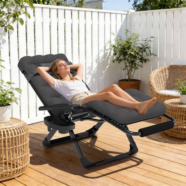 Zero Gravity Lounge Chair-Foldable Alloy Steel Recliner with Adjustable Headrest with Dark Gray Cushion for Patio, Lawn