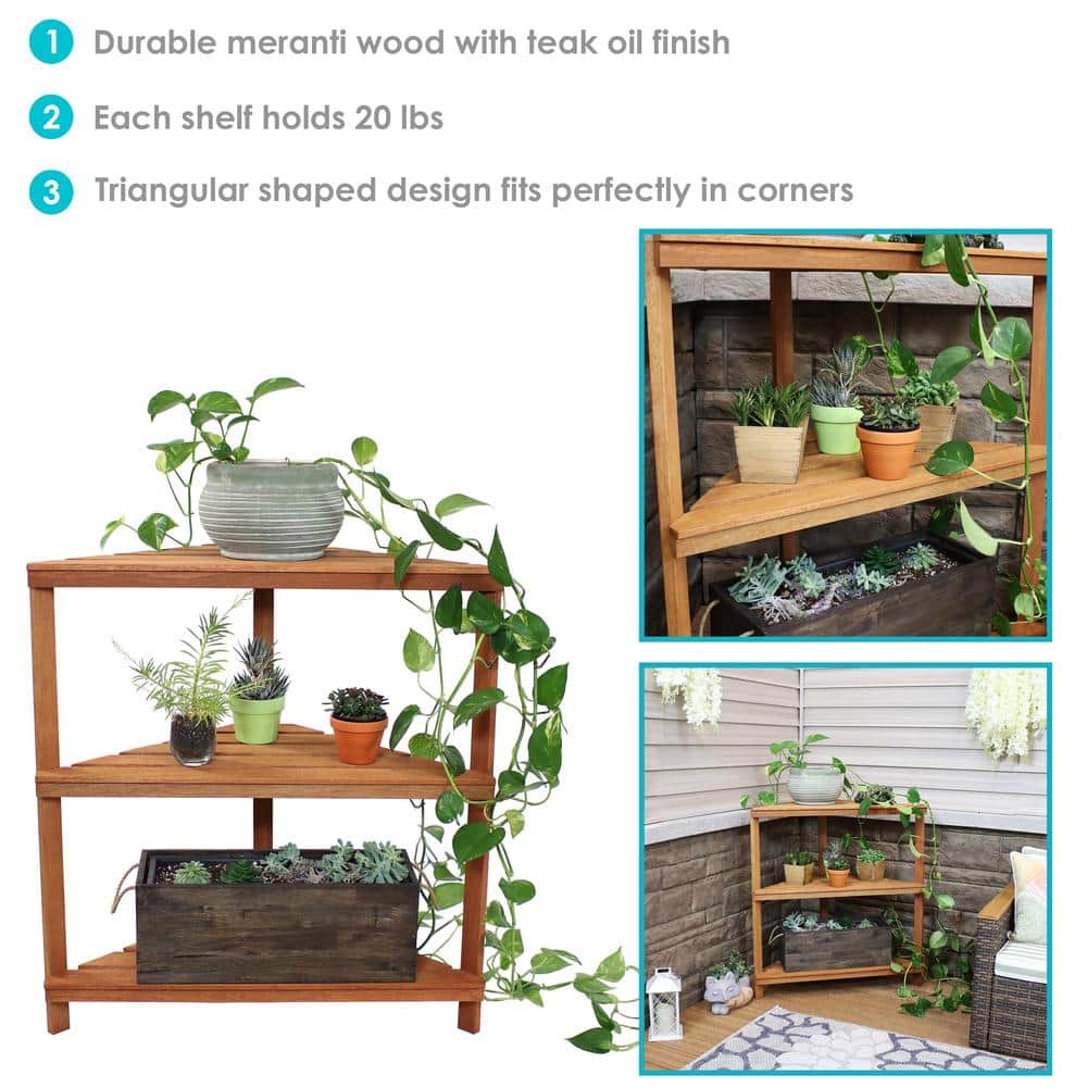 Sunnydaze Brown Meranti Wood 3-Tier Corner Plant Stand