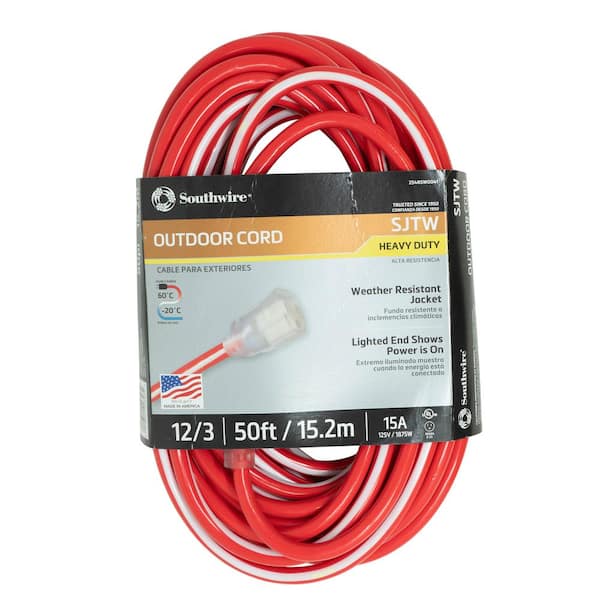 Southwire 50 ft. 12/3 SJTW Hi-Visibility Outdoor Heavy-Duty Extension Cord  with Power Light Plug 2588SW0002 - The Home Depot