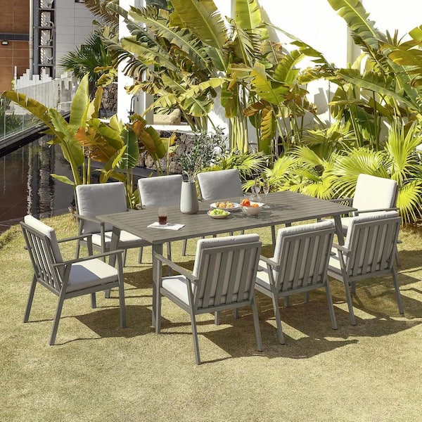 Limed Oak Gray 9-Piece Aluminum Patio Furniture Set Outdoor Dining Set with White Cushion and Umbrella Hole