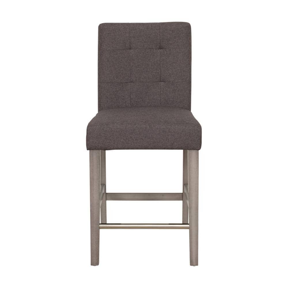 Charcoal Brown Tufted Fabric Counter Height Barstool with Wooden Legs