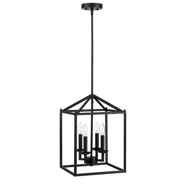 Hukoro 12 in. 4-Light Rectangle Lantern Chandelier with Matte Black