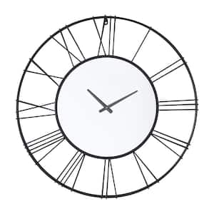 Black Metal Open Frame Analog Wall Clock with Center Mirror