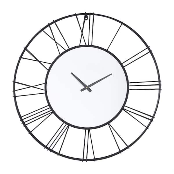 Litton Lane 30 in. x 30 in. Black Metal Open Frame Wall Clock with Center Mirror