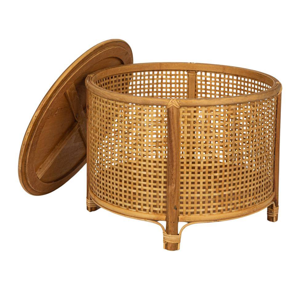 Natural Round Bamboo and Rattan Accent Storage Table