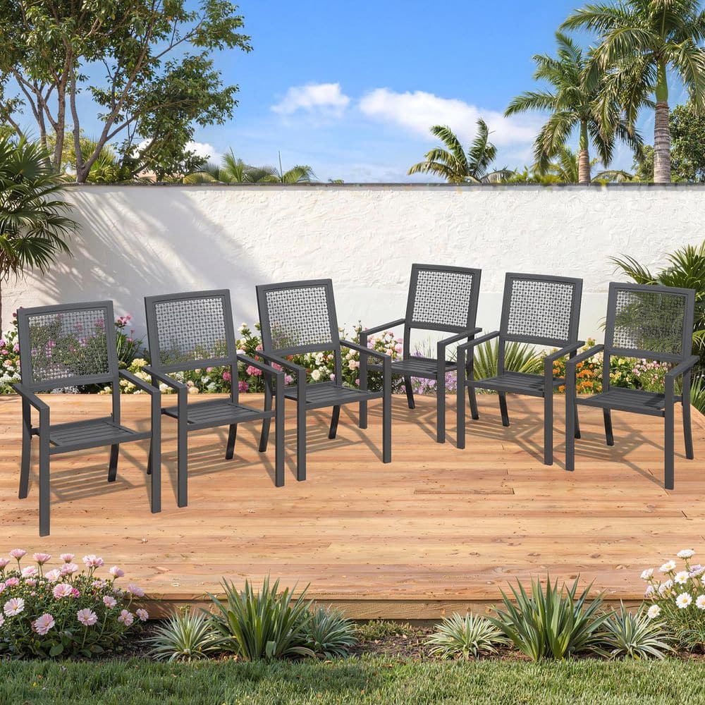 Outdoor Patio Stackable Arm Metal Dining Chairs, (Set of 6)