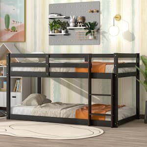 Twin Over Twin Floor Bunk Bed with Safety Guardrail and Climbing Ladder, Wood bunk bed Frame for Kids, Espresso