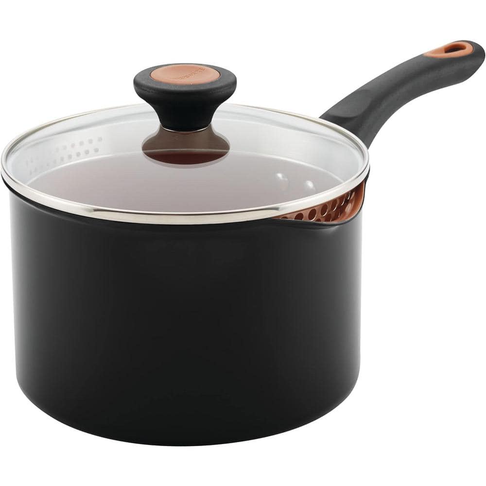 3 qt. Aluminum Nonstick Dishwasher Safe Sauce Pan in Black with Shatter Res