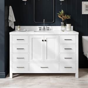 Cambridge 54.25 in. W x 22 in. D x 36 in. H Single Sink Freestanding Bath Vanity in White with Carrara Quartz Top