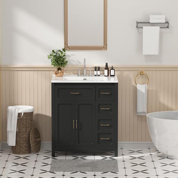 30 in. Freestanding Black Bath Vanity with White Ceramic Top Unassembled, 4" Pre-drilled Faucet Holes