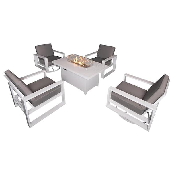PATIOPTION 5-Piece Aluminum Patio Conversation Set with Gray Cushions and White 55.12 in. Fire Pit Table - 2 Swivel+2 Armchair