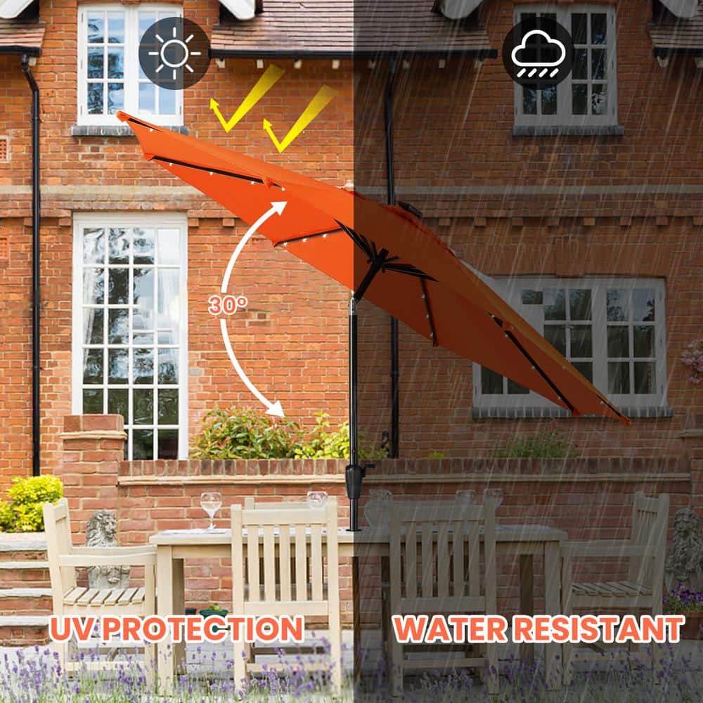 9' Orange Round Steel Patio Umbrella with Solar LED Lights