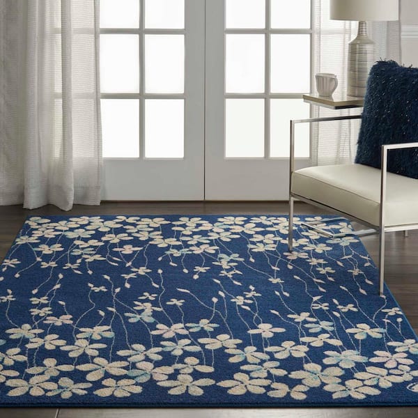 Tranquil Navy Blue 5 ft. x 7 ft. Floral Modern Area Rug