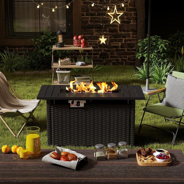 Black 44 in. Wicker Rectangular Propane Gas Fire Pit Table with Lid, Fire Glass Beads, and Waterproof Cover