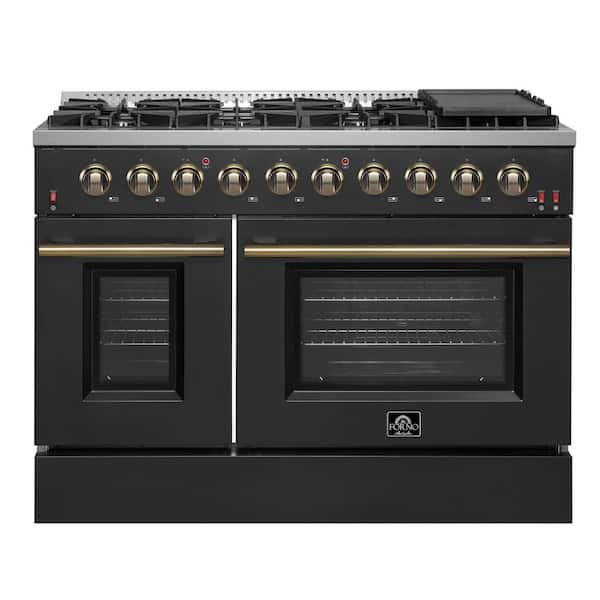 48 in. 6.58 cu. ft. Freestanding Double Oven Gas Range with 8 Italian Burners in. Stainless Steel with Black Door