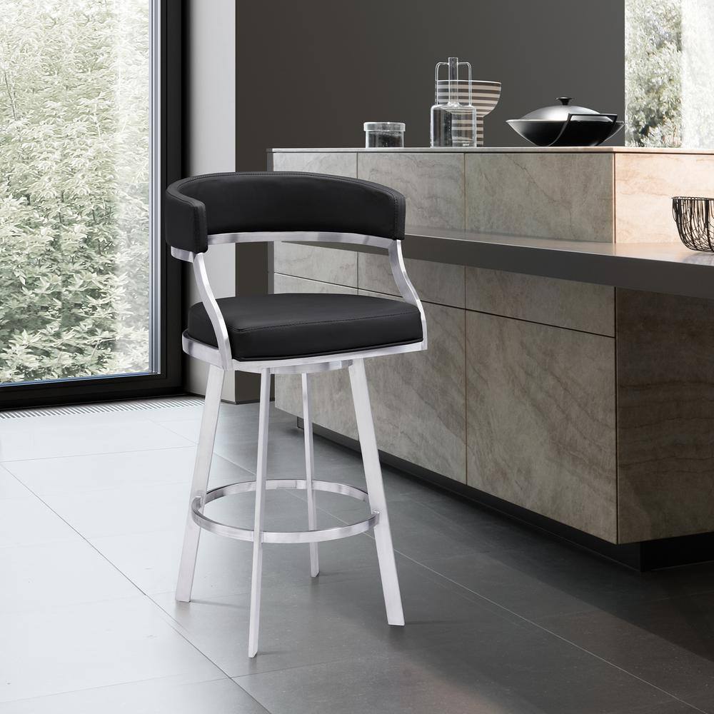 Dione Brushed Stainless Steel and Black Faux Leather 30" Swivel Bar Stool