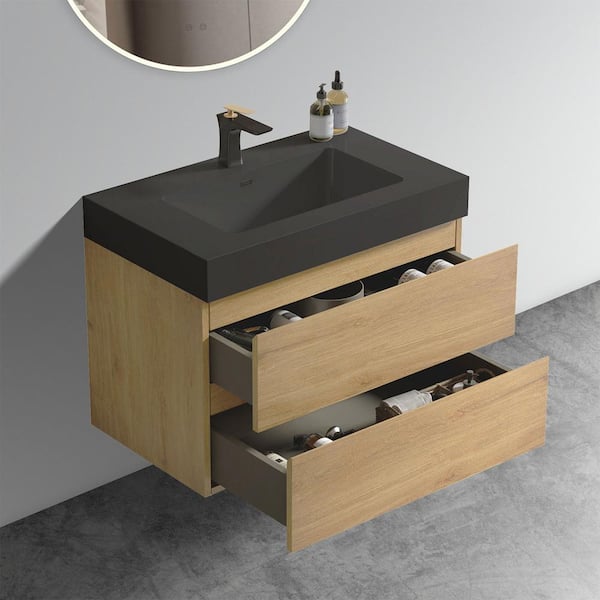 NOBLE 30 in. W x 18 in. D x 25 in. H Single Sink Freestanding Bath Vanity in Oak with Black Solid Surface Integral Top
