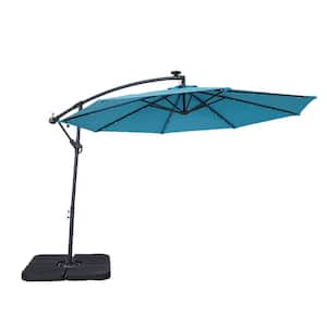 10 ft. Lake Blue Steel Outdoor Solar Led Tiltable Cantilever Umbrella Patio Umbrella with Crank Lifter