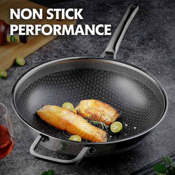 Hybrid 13 inch Wok with Lid Stainless Steel Nonstick Dishwasher
