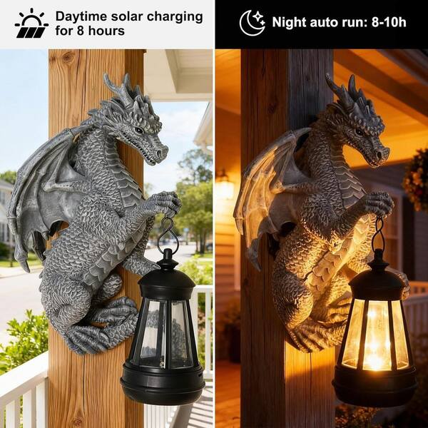 5 in. x 9 in. Gray Resin Solar Tree Hugger Dragon Garden Statue