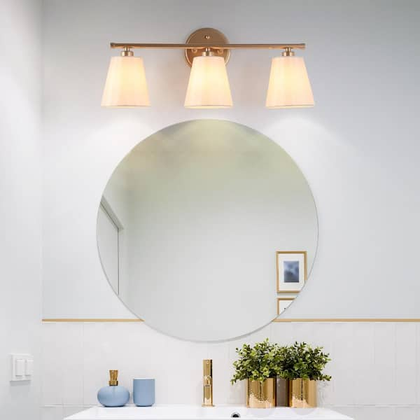 Modern Farmhouse Gold Wall Sconce, 20.1 in. 3-Light Bathroom Vanity Light with Fabric Shades