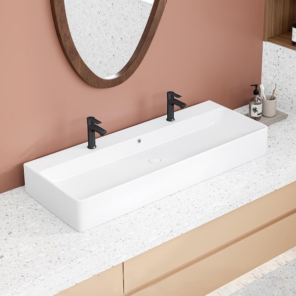 Turner 44 in. White Vitreous China Rectangular Wall-Mount Bathroom Trough Vessel Sink w/ Double Faucet Hole and Overflow