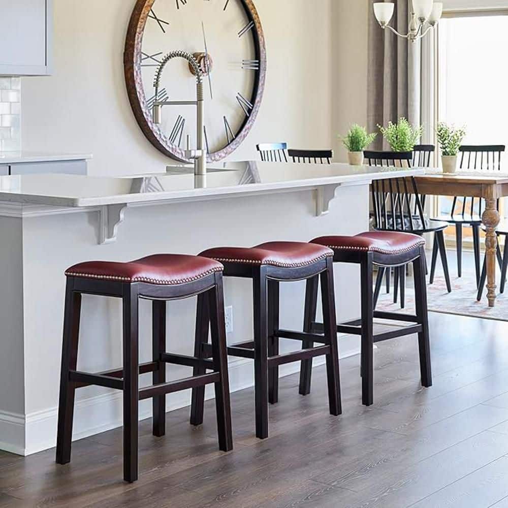 Espresso Wood and Red Faux Leather Saddle Barstool