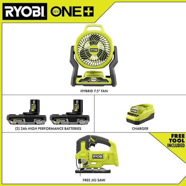 RYOBI ONE+ 18V Cordless Hybrid 7.5 in. Fan Kit w/ (2) 2Ah