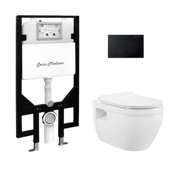 Ivy Wall-Hung Toilet, Elongated, 3-Piece Bundle 0.8/1.6 GPF Dual Flush in Glossy White with Black Flush Plate